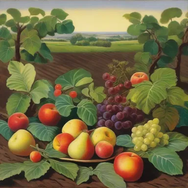 The fruitfulness of the soil in the painting is depicted through the vibrant colors and thriving plants.