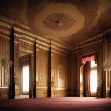 The elaborate fretwork on the wooden panels in the ballroom scene of the movie added an elegant touch to the set design.