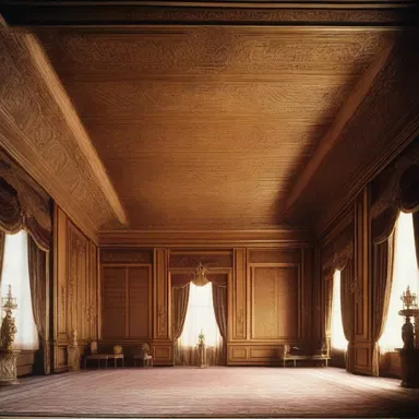 The elaborate fretwork on the wooden panels in the ballroom scene of the movie added an elegant touch to the set design.