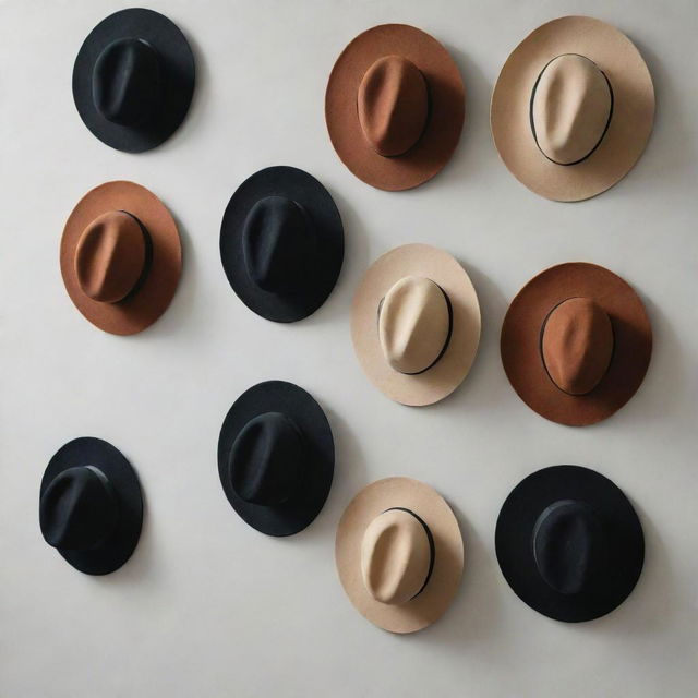 Various styles of hats displayed in a sophisticated arrangement