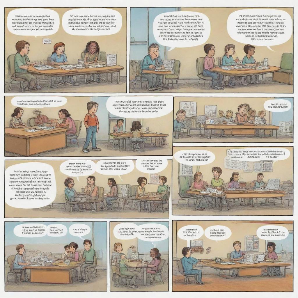 Create a 6-panel comic strip illustrating a unique scenario where mathematics is used in real life. Showcase vivid characters and detailed situations where mathematical concepts are applied to everyday problems.