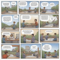 Create a 6-panel comic strip illustrating a unique scenario where mathematics is used in real life. Showcase vivid characters and detailed situations where mathematical concepts are applied to everyday problems.