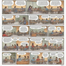 Create a 6-panel comic strip illustrating a unique scenario where mathematics is used in real life. Showcase vivid characters and detailed situations where mathematical concepts are applied to everyday problems.