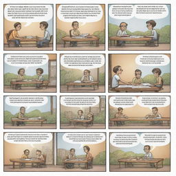 Create a 6-panel comic strip illustrating a unique scenario where mathematics is used in real life. Showcase vivid characters and detailed situations where mathematical concepts are applied to everyday problems.