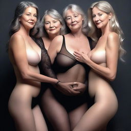 An ultra-realistic, high-definition digital art image displaying three women in their 50s