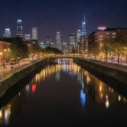 A picturesque cityscape at night, illuminated with varying hues of artificial lights reflecting in a tranquil river flowing through the city.