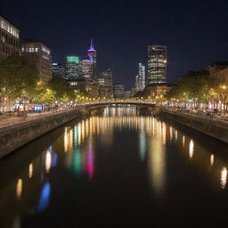 A picturesque cityscape at night, illuminated with varying hues of artificial lights reflecting in a tranquil river flowing through the city.