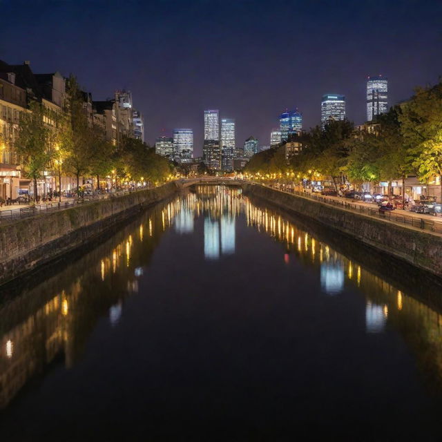 A picturesque cityscape at night, illuminated with varying hues of artificial lights reflecting in a tranquil river flowing through the city.