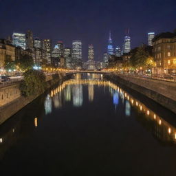 A picturesque cityscape at night, illuminated with varying hues of artificial lights reflecting in a tranquil river flowing through the city.