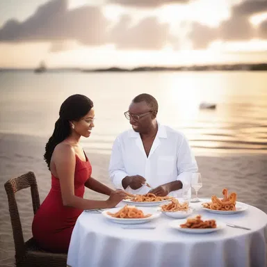 As the sun set, the couple enjoyed a romantic dinner by the beach, savoring a plate of calamari made from fresh squid.