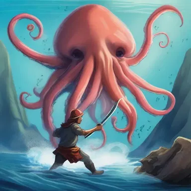 In the fantasy story, the brave warrior battled a monstrous squid that guarded a hidden treasure.