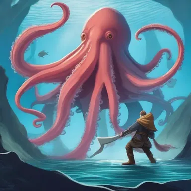 In the fantasy story, the brave warrior battled a monstrous squid that guarded a hidden treasure.