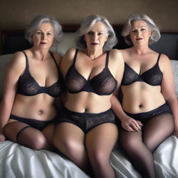 A high-definition ultra-realistic digital art image portrays three mature women, aged 50, lying on a bed