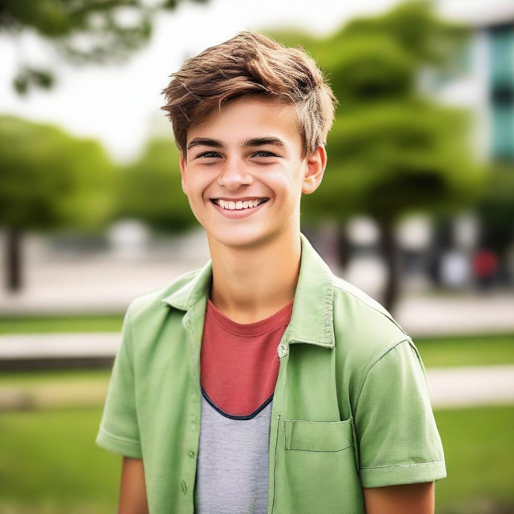 A portrait of a teenage boy with a vibrant smile, casually dressed. The background features an outdoor setting with an urban or natural landscape.