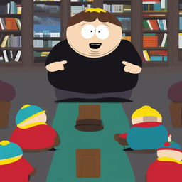 A high-quality digital art image of Eric Cartman from South Park, dressed in a black turtleneck, giving a speech at a press release