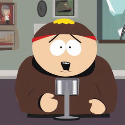 A high-quality digital art image of Eric Cartman from South Park, dressed in a black turtleneck, giving a speech at a press release
