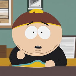 A high-quality digital art image of Eric Cartman from South Park, dressed in a black turtleneck, giving a speech at a press release
