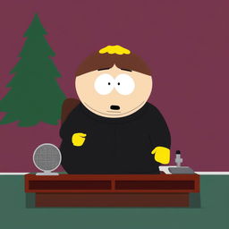 A high-quality digital art image of Eric Cartman from South Park, dressed in a black turtleneck, giving a speech at a press release