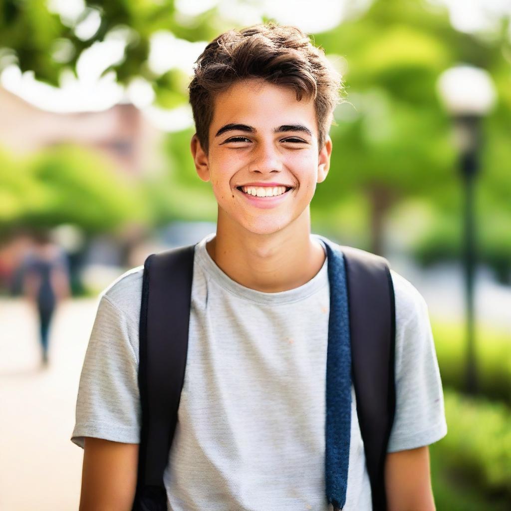 A portrait of a teenage boy with a vibrant smile, casually dressed. The background features an outdoor setting with an urban or natural landscape.