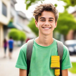 A portrait of a teenage boy with a vibrant smile, casually dressed. The background features an outdoor setting with an urban or natural landscape.