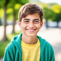 A portrait of a teenage boy with a vibrant smile, casually dressed. The background features an outdoor setting with an urban or natural landscape.