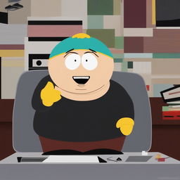 This digital art piece depicts Eric Cartman from South Park, unusually dressed in a black turtleneck, delivering a speech at a press release