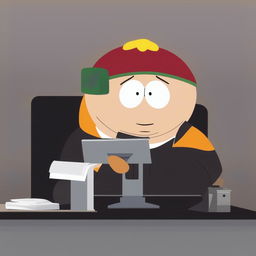 This digital art piece depicts Eric Cartman from South Park, unusually dressed in a black turtleneck, delivering a speech at a press release