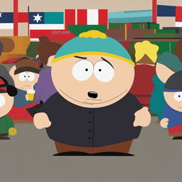 This digital art piece depicts Eric Cartman from South Park, unusually dressed in a black turtleneck, delivering a speech at a press release