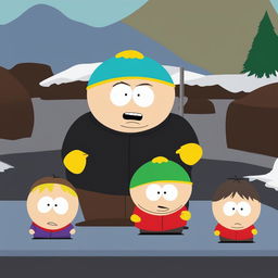 This digital art piece depicts Eric Cartman from South Park, unusually dressed in a black turtleneck, delivering a speech at a press release