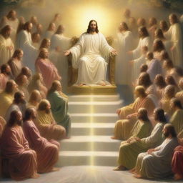 Jesus, depicted in a spiritually radiant light, seated on an opulent throne in heaven, surrounded by twenty-four elders also seated on majestic thrones, all immersed in a divine, heavenly glow.