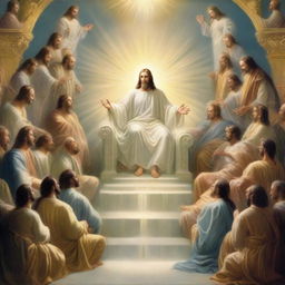 Jesus, depicted in a spiritually radiant light, seated on an opulent throne in heaven, surrounded by twenty-four elders also seated on majestic thrones, all immersed in a divine, heavenly glow.