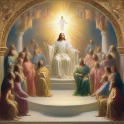 Jesus, depicted in a spiritually radiant light, seated on an opulent throne in heaven, surrounded by twenty-four elders also seated on majestic thrones, all immersed in a divine, heavenly glow.