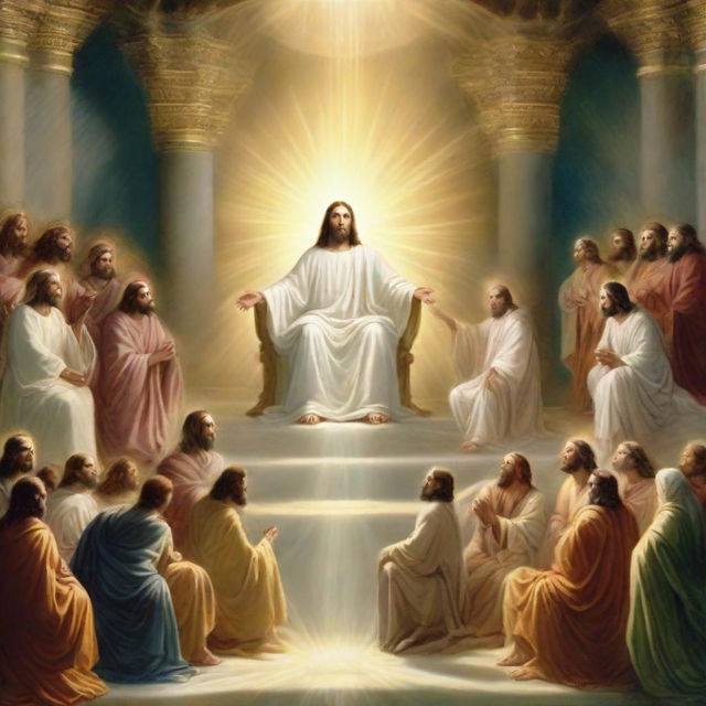 Jesus, depicted in a spiritually radiant light, seated on an opulent throne in heaven, surrounded by twenty-four elders also seated on majestic thrones, all immersed in a divine, heavenly glow.