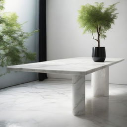 A one-meter high, one-meter long, and half-meter wide marble table reflecting light subtly under soft daylight.