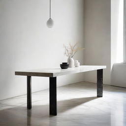 A one-meter high, one-meter long, and half-meter wide marble table reflecting light subtly under soft daylight.