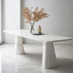 A one-meter high, one-meter long, and half-meter wide marble table reflecting light subtly under soft daylight.