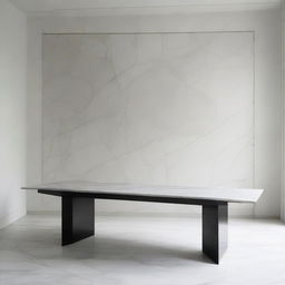 A one-meter high, one-meter long, and half-meter wide marble table reflecting light subtly under soft daylight.