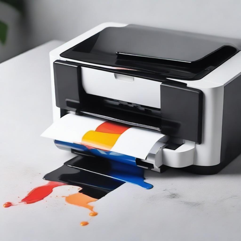 A modern printer machine with ink spilling out onto a clean surface