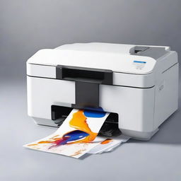 A modern printer machine with ink spilling out onto a clean surface