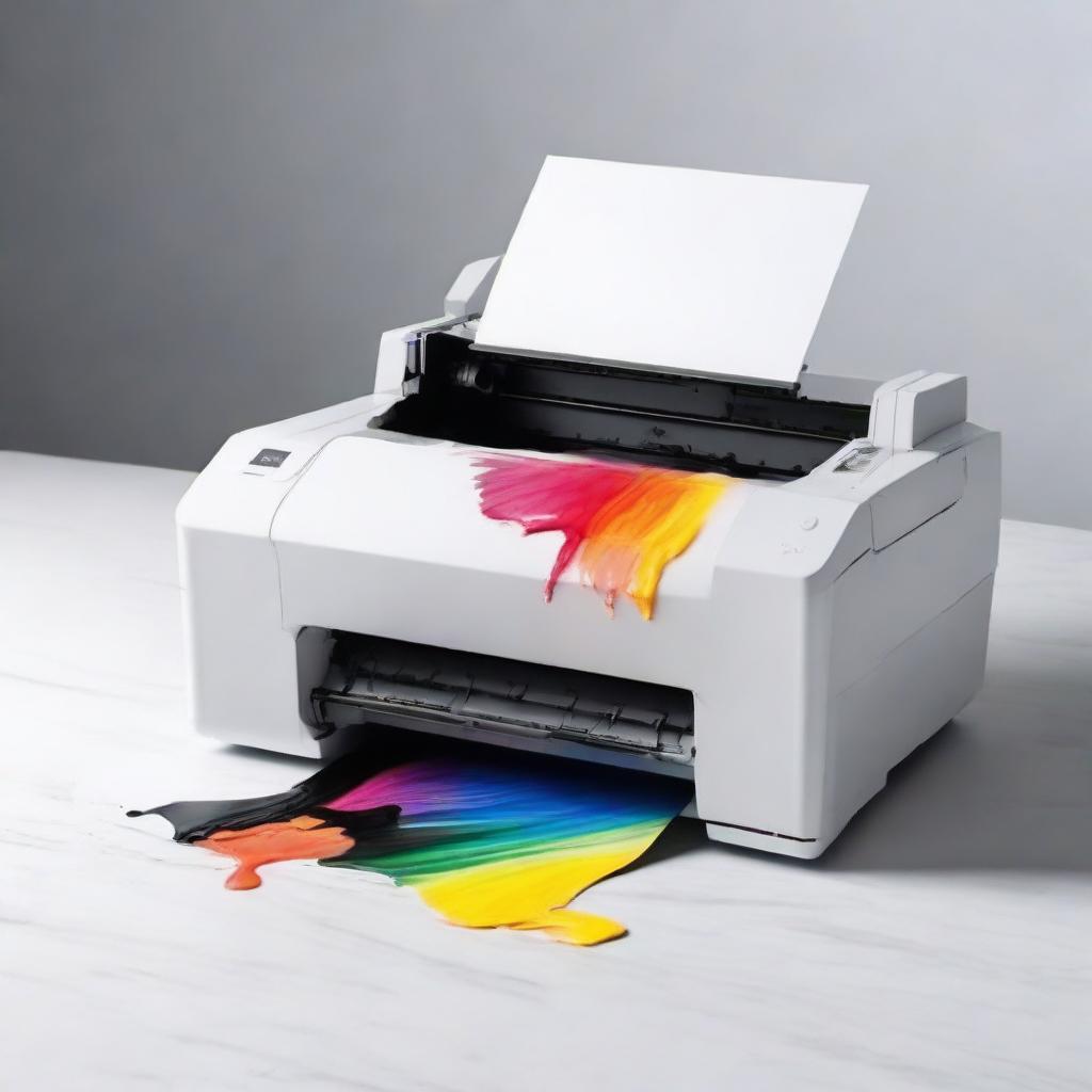 A modern printer machine with ink spilling out onto a clean surface