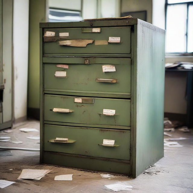 A metal filing cabinet in a state of disrepair, with drawers askew and contents spilling out