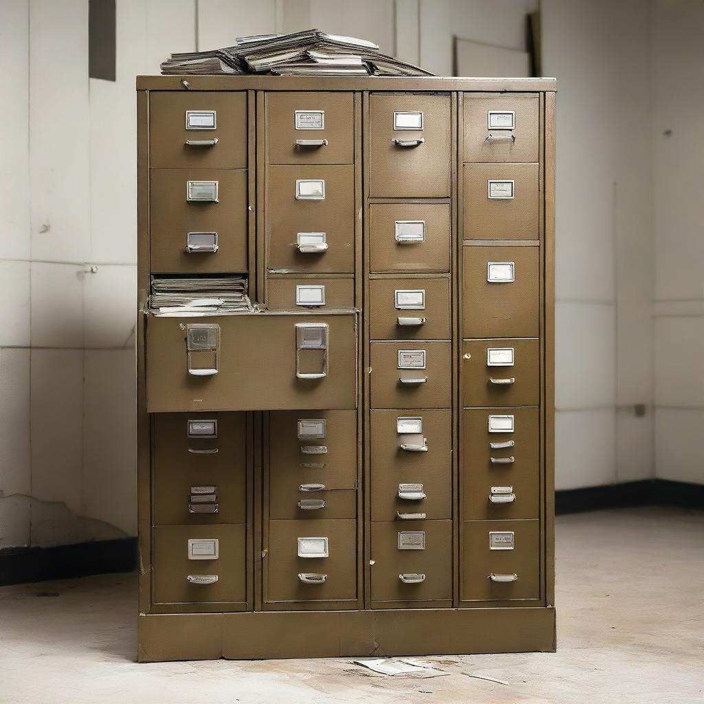 A metal filing cabinet in a state of disrepair, with drawers askew and contents spilling out