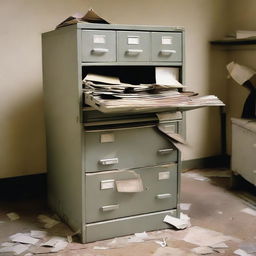 A metal filing cabinet in a state of disrepair, with drawers askew and contents spilling out