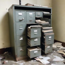 A metal filing cabinet in a state of disrepair, with drawers askew and contents spilling out