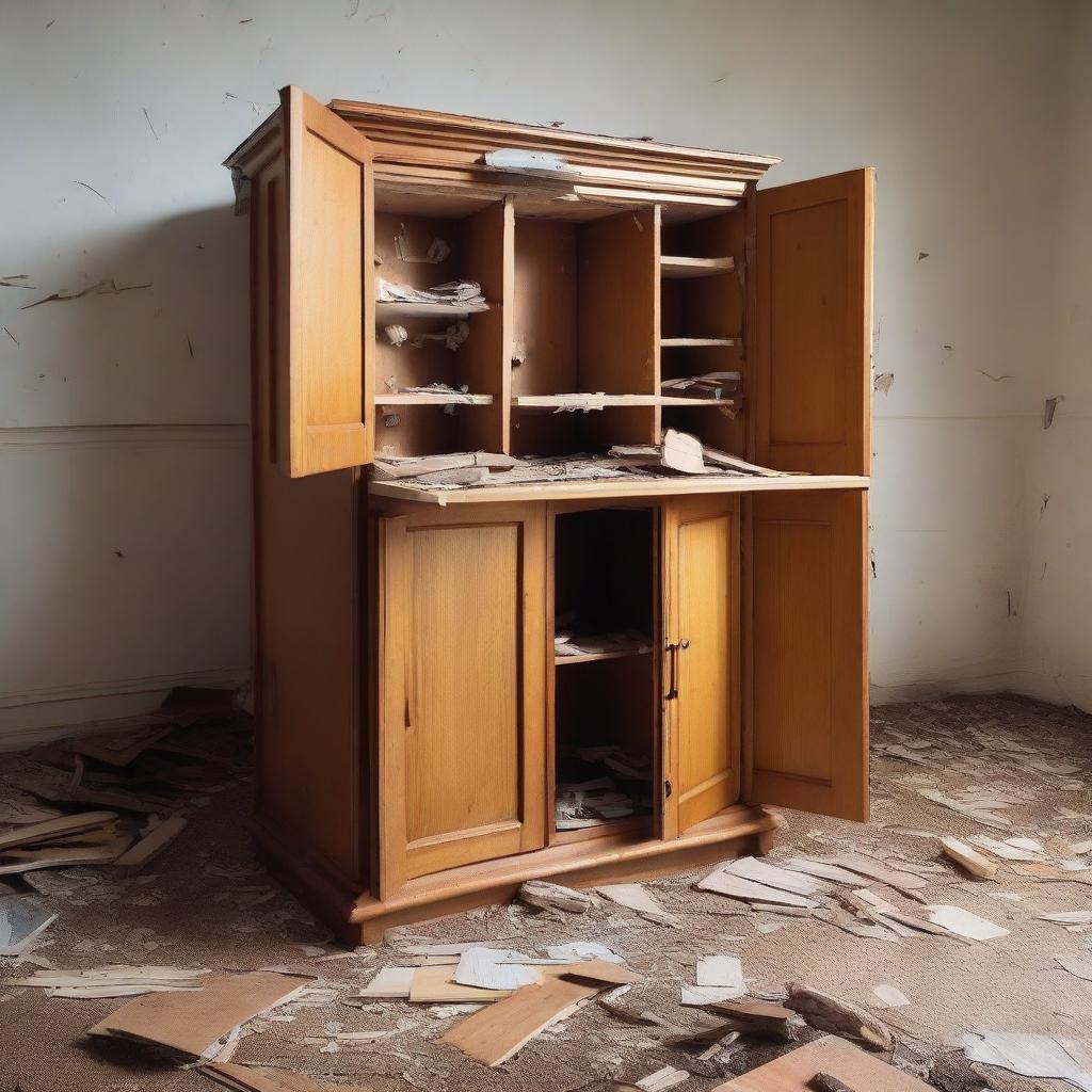 A hardwood cabinet in a state of demolition, with shattered doors and splintered wood pieces scattered around