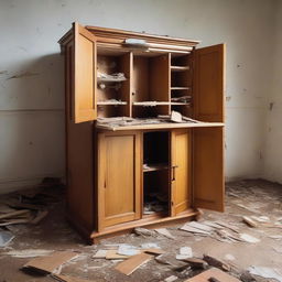 A hardwood cabinet in a state of demolition, with shattered doors and splintered wood pieces scattered around