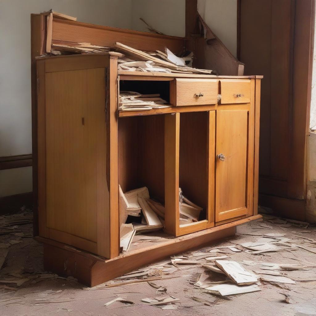 A hardwood cabinet in a state of demolition, with shattered doors and splintered wood pieces scattered around