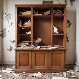 A hardwood cabinet in a state of demolition, with shattered doors and splintered wood pieces scattered around