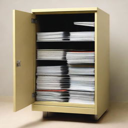 A sturdy filing cabinet with one door unhinged, slightly ajar, revealing stacks of files within