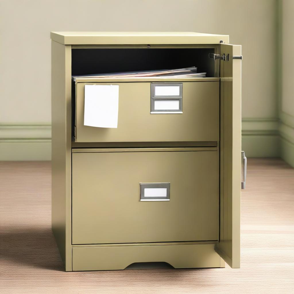 A sturdy filing cabinet with one door unhinged, slightly ajar, revealing stacks of files within